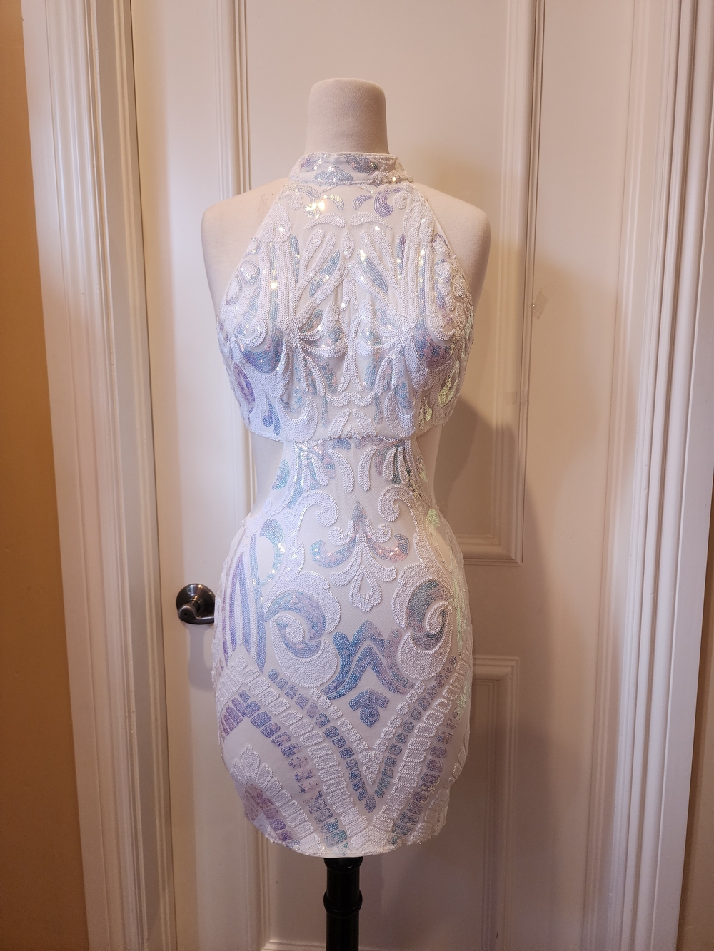 Sequin Halter Mini Dress in White and Iridescent